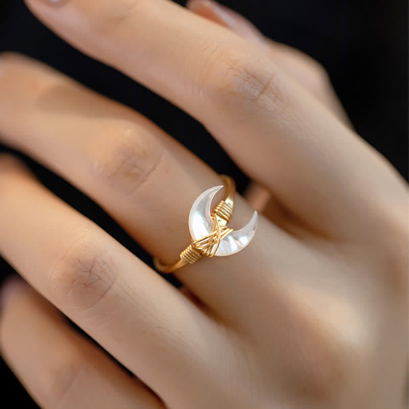 Fortune Jewel Natural Tridacna Stone Moon 14K Gold Blessing Ring - Fortune Jewel
