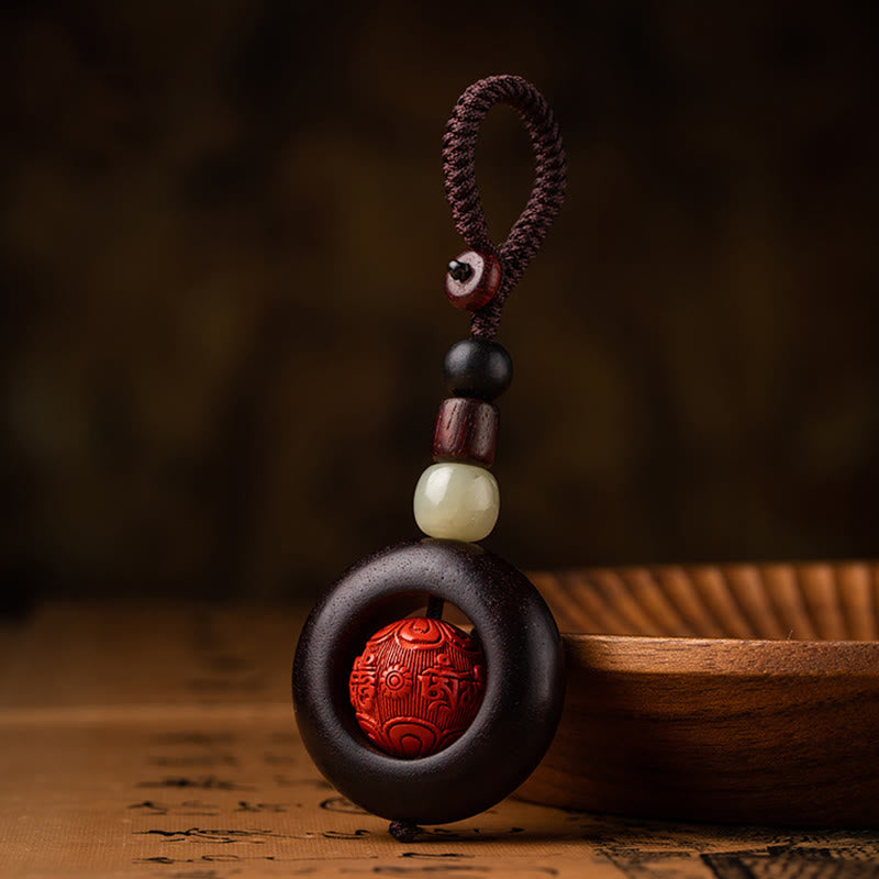 Fortune Jewel Tibet Om Mani Padme Hum PiXiu Copper Coin Small Leaf Red Sandalwood Cinnabar Protection Key Chain