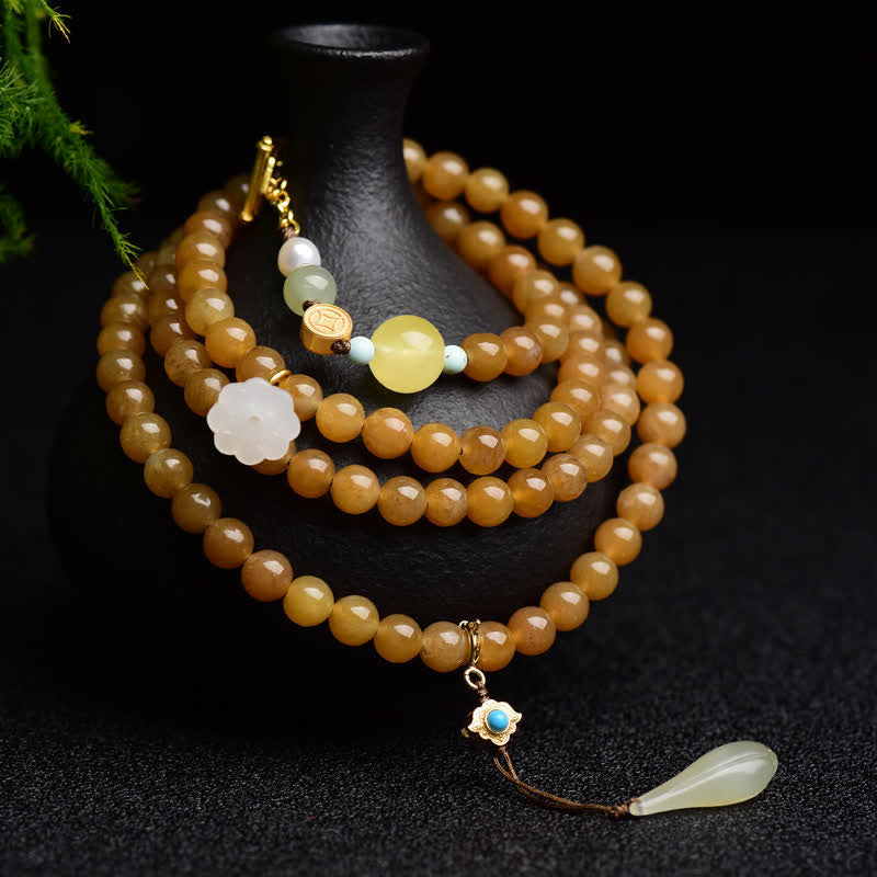 Fortune Jewel Natural Hetian Topaz Amber Lotus White Jade Pearl Success Bracelet