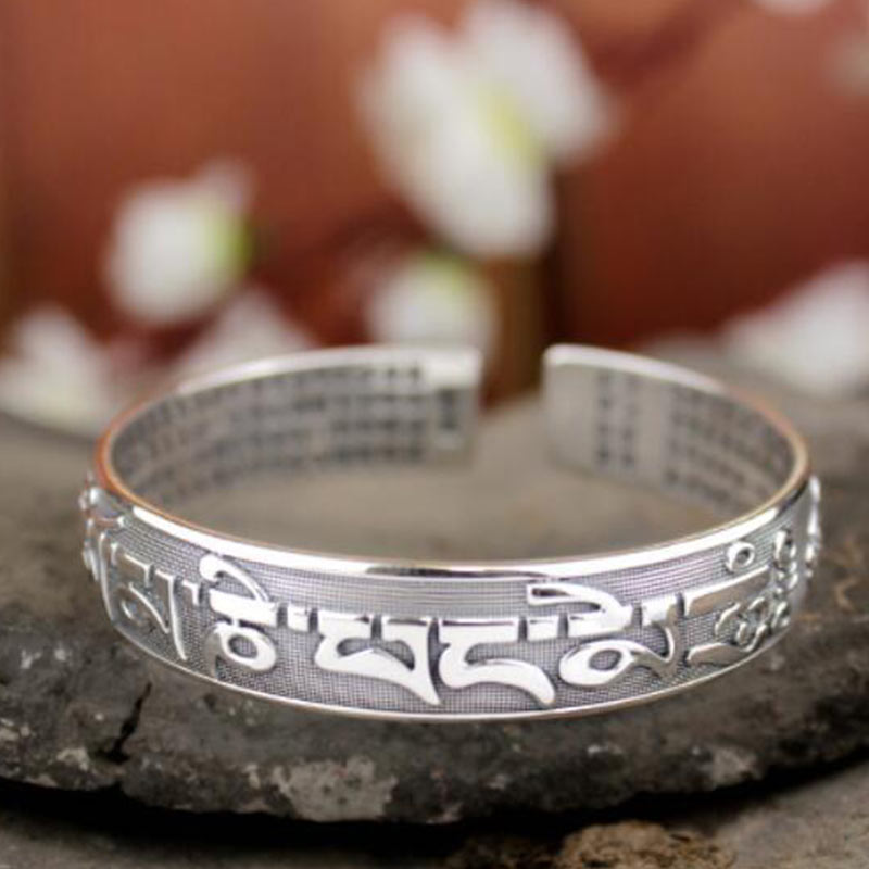 Fortune Jewel Tibetan Sanskrit White Copper Meditation Prayer Bracelet Bangle