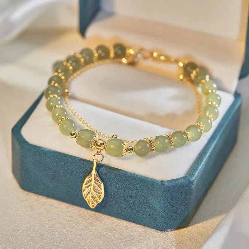 Fortune Jewel Jade Leaf Ginkgo Tulip Peanut Fu Character Luck Beaded Bracelet