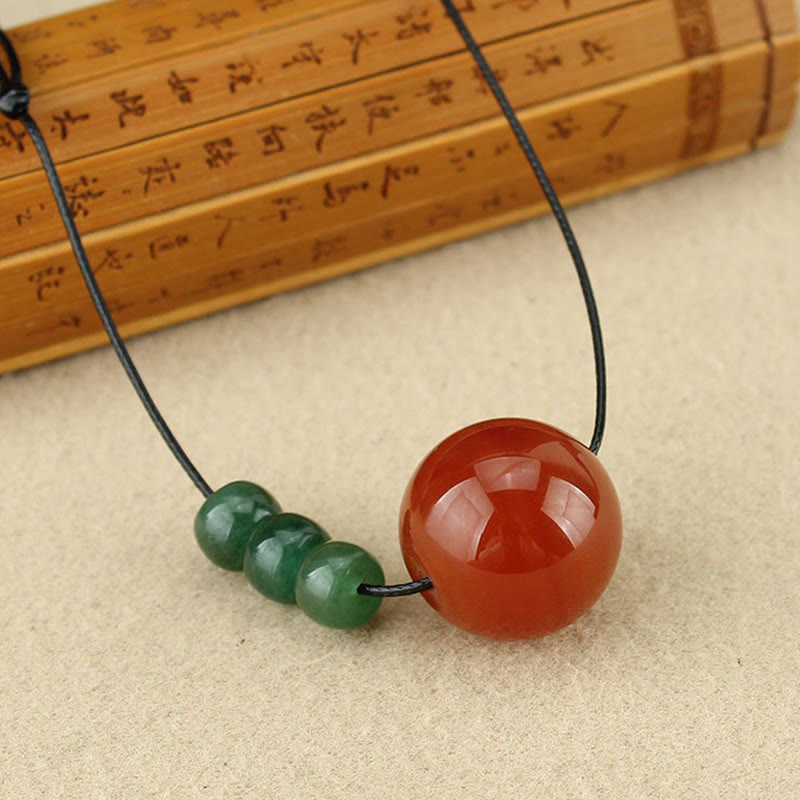 Fortune Jewel Red Agate Green Aventurine Green Bodhi Seed Bead Calm Leather Rope Necklace Pendant