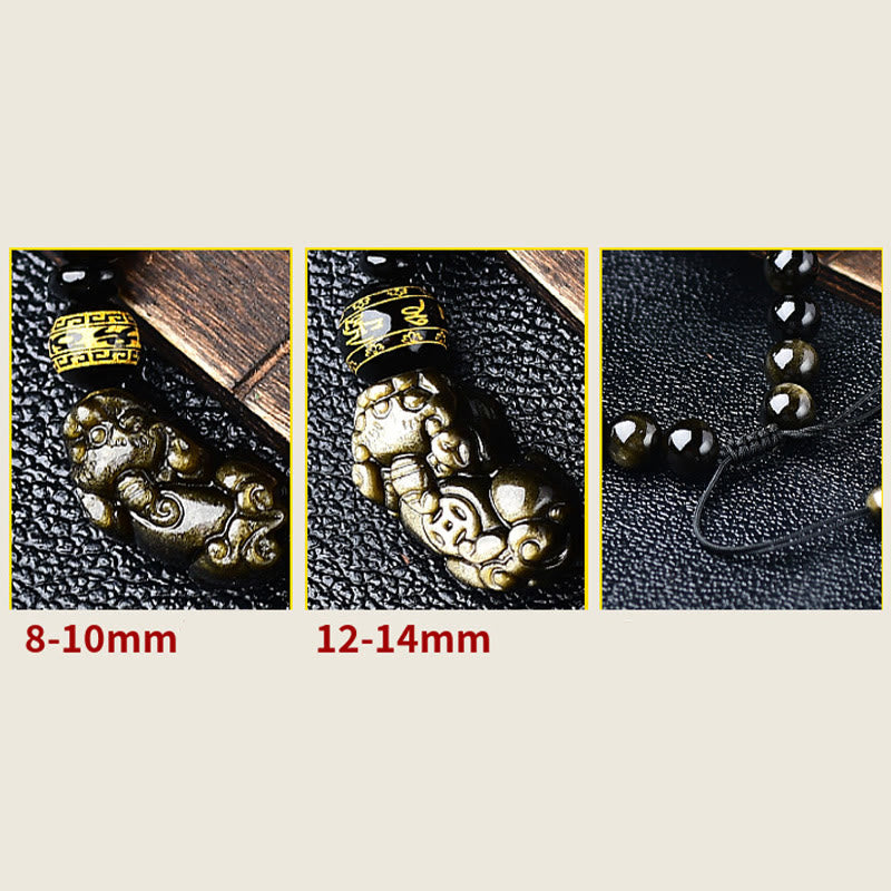 Fortune Jewel Natural Gold Sheen Obsidian PiXiu Om Mani Padme Hum Wealth Braided Bracelet