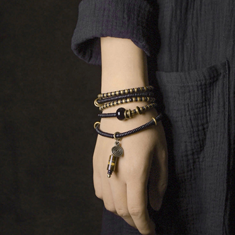 Fortune Jewel Ebony Wood Dzi Bead Copper Peace Couple Bracelet Necklace Pendant
