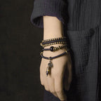 Fortune Jewel Ebony Wood Dzi Bead Copper Peace Couple Bracelet Necklace Pendant