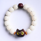 Fortune Jewel Natural Bodhi Seed Small Leaf Red Sandalwood Ebony Wood Cute Lucky Cat Wisdom Bracelet