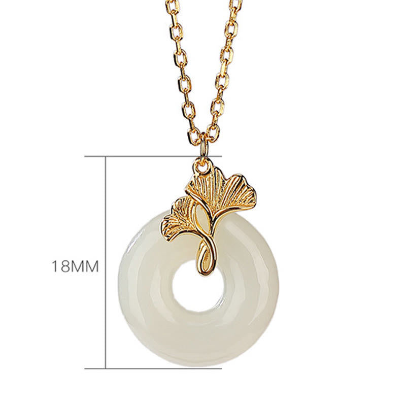 Fortune Jewel 925 Sterling Silver Natural Hetian Jade Ginkgo Leaf Peace Buckle Luck Necklace Pendant