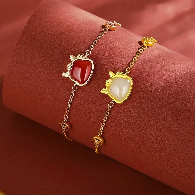 Natural Hetian Jade & Red Agate Horse Bracelet for Women, 925 Silver Chinese Zodiac Jewelry