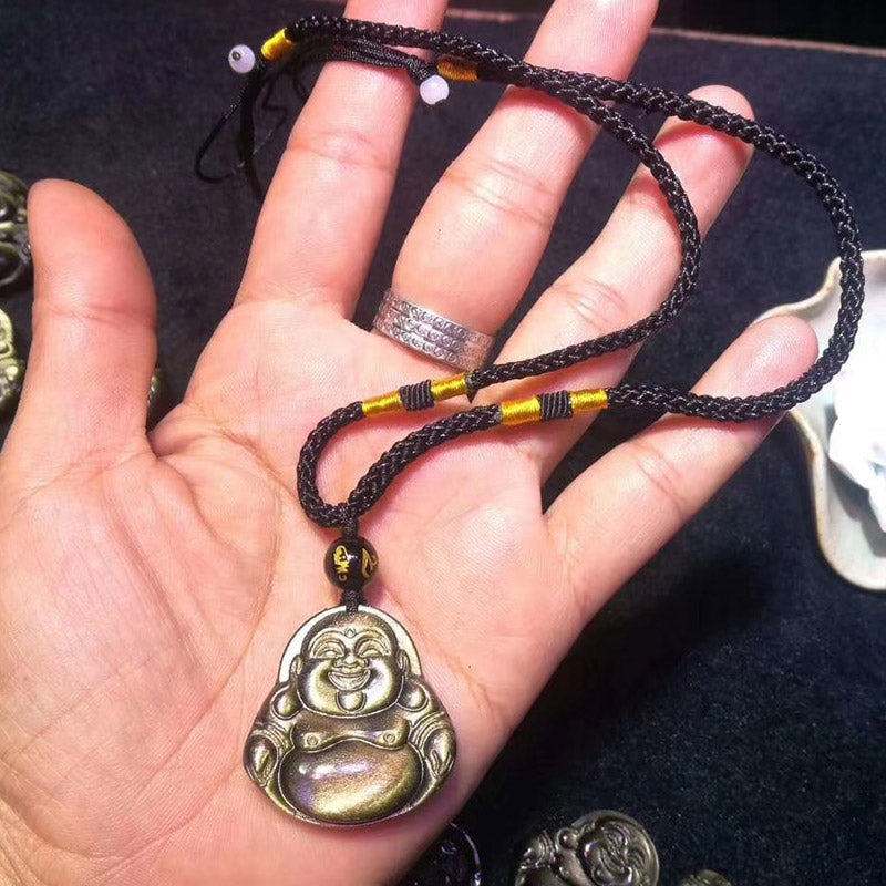 Fortune Jewel Laughing Buddha Gold Sheen Obsidian Wealth Necklace Pendant