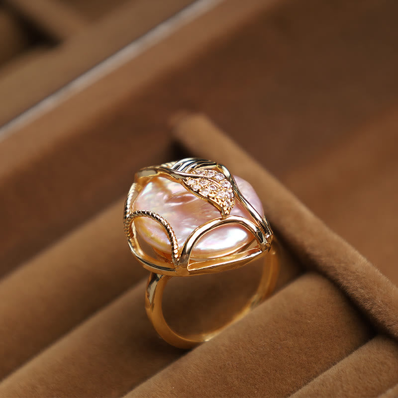 Fortune Jewel Pearl Copper Plated Gold Flower Happiness Wealth Ring