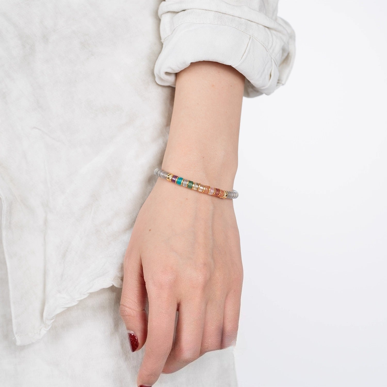 Unisex Natural Gray Moonstone Rainbow Labradorite Thin Slice Bracelet – 18K Gold Plated Silver Multi-Gemstone