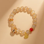 Fortune Jewel Natural Golden Rutilated Quartz Fu Character Charm Bell Wealth Bracelet