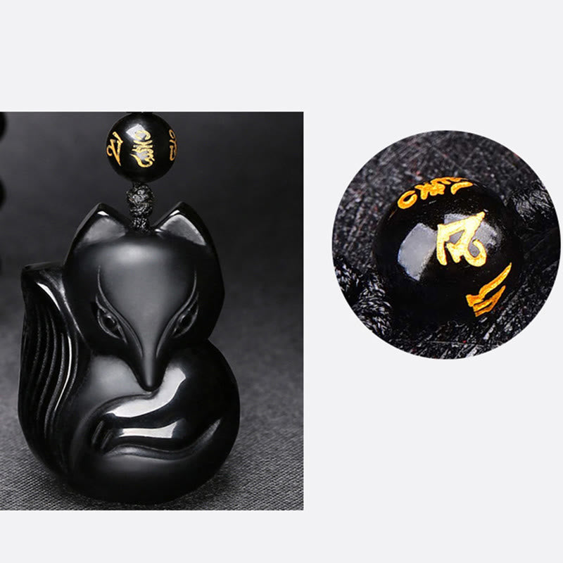 Fortune Jewel Natural Black Obsidian Tiger Eye Ice Obsidian Fox Pendant Amulet Necklace