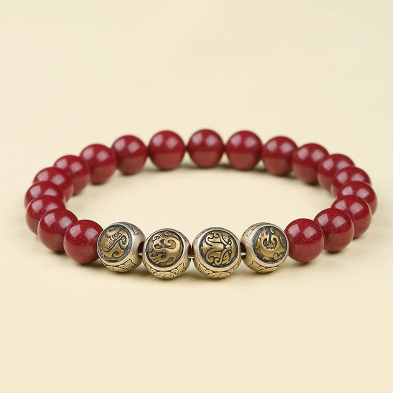 Fortune Jewel 925 Sterling Silver Natural Cinnabar Four Beasts Blessing Bracelet