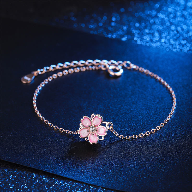 Fortune Jewel 925 Sterling Silver Cherry Blossom Blessing Chain Bracelet Rotatable Ring