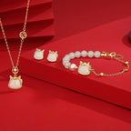 Natural Hetian Jade Mini Horse Head Jewelry Set – Necklace, Bracelet & Earrings for Women