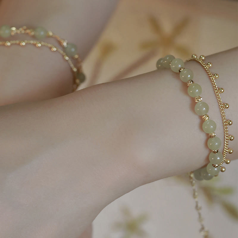 Fortune Jewel 14K Gold Plated 2 Layers Hetian Jade Bead Luck Prosperity Bracelet