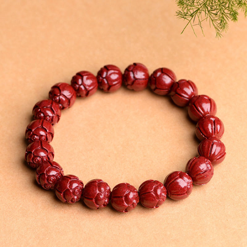 Fortune Jewel Natural Cinnabar Om Mani Padme Hum Fret Pattern Lotus Blessing Bracelet
