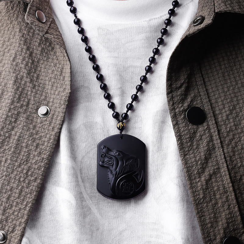 Fortune Jewel Black Obsidian Stone Wolf Purification Pendant Necklace