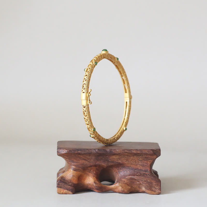 Fortune Jewel Cyan Jade Copper Auspicious Clouds Calm Healing Bracelet Bangle