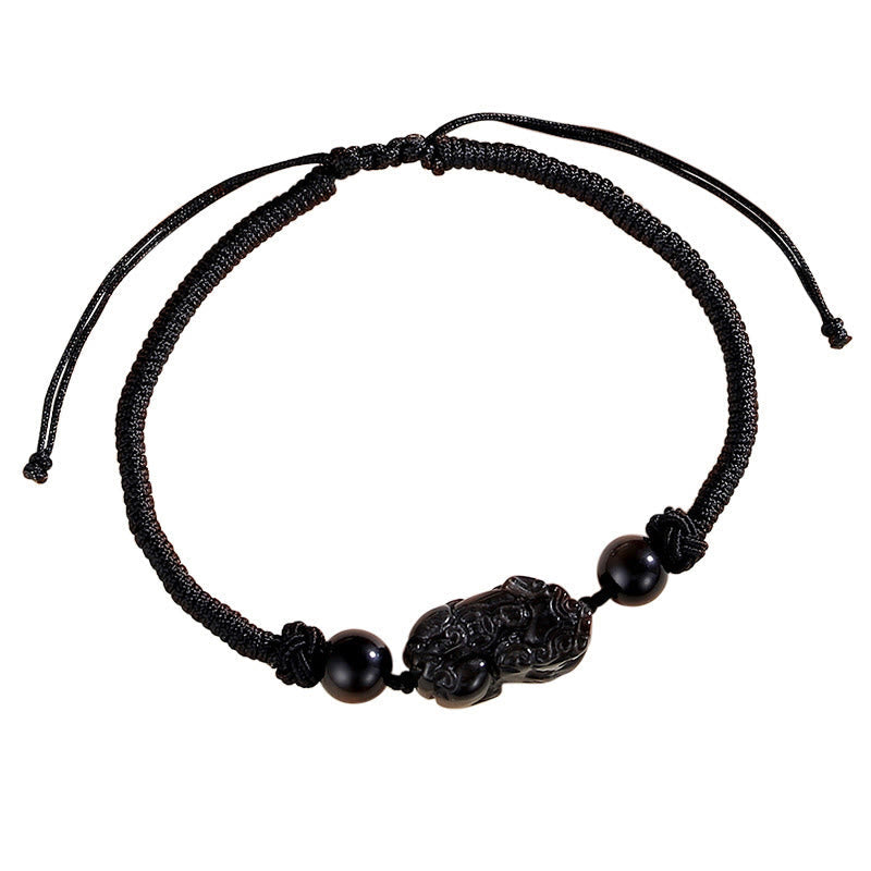 Fortune Jewel Handmade Natural Silver Sheen Obsidian Strawberry Quartz PiXiu Protection Braided Bracelet