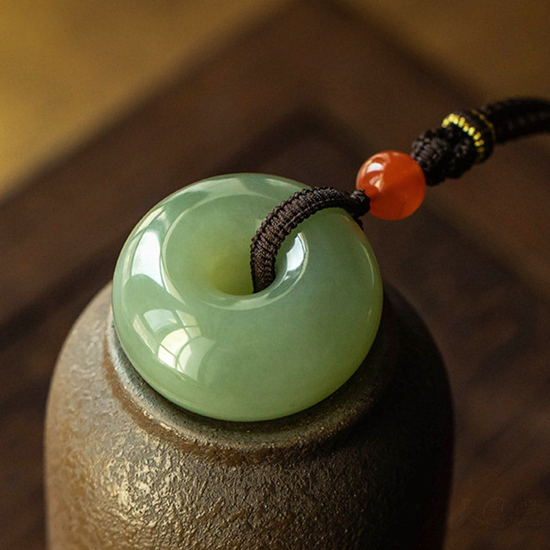 Fortune Jewel Natural Round Jade Gray Jade Peace Buckle Luck Necklace Pendant