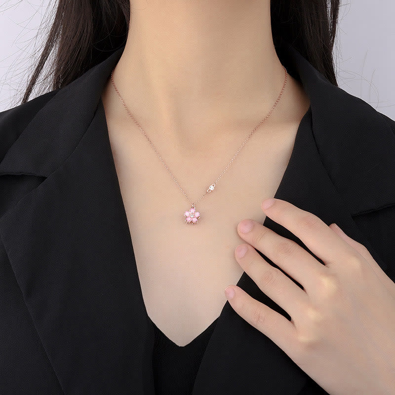Fortune Jewel 925 Sterling Silver Cherry Blossom Flower Rotatable Protection Necklace Pendant