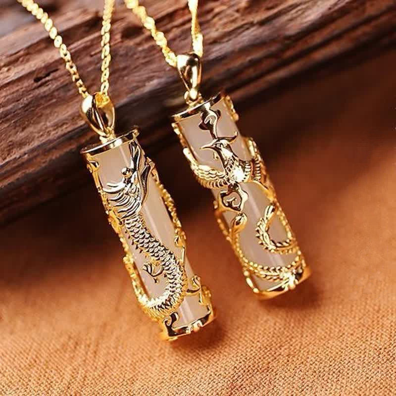 Fortune Jewel Jade Dragon Phoenix Copper Blessing Harmony Necklace Pendant Fortune Jewel