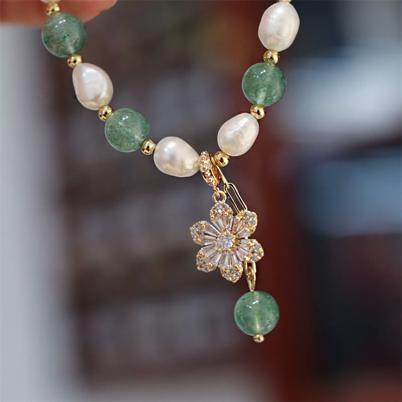 Fortune Jewel Natural Green Strawberry Quartz Pearl Flower Charm Love Bracelet
