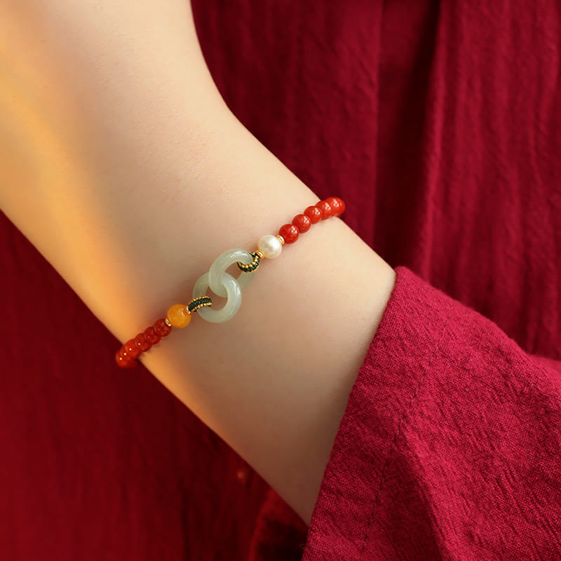 Fortune Jewel Natural Red Agate Hetian Jade Double Peace Buckle Confidence Bracelet