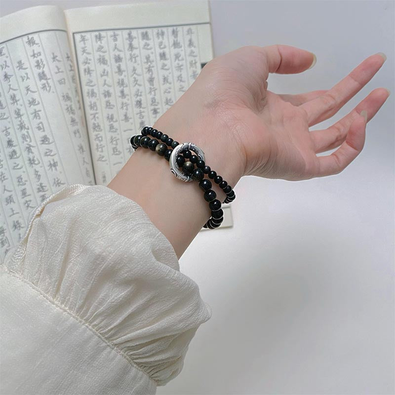 Fortune Jewel 999 Sterling Silver Black Obsidian Fulfillment Strength Double Layer Bracelet
