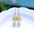 Fortune Jewel Hetian Jade Flower Pattern 14K Gold Plated Luck Drop Dangle Earrings