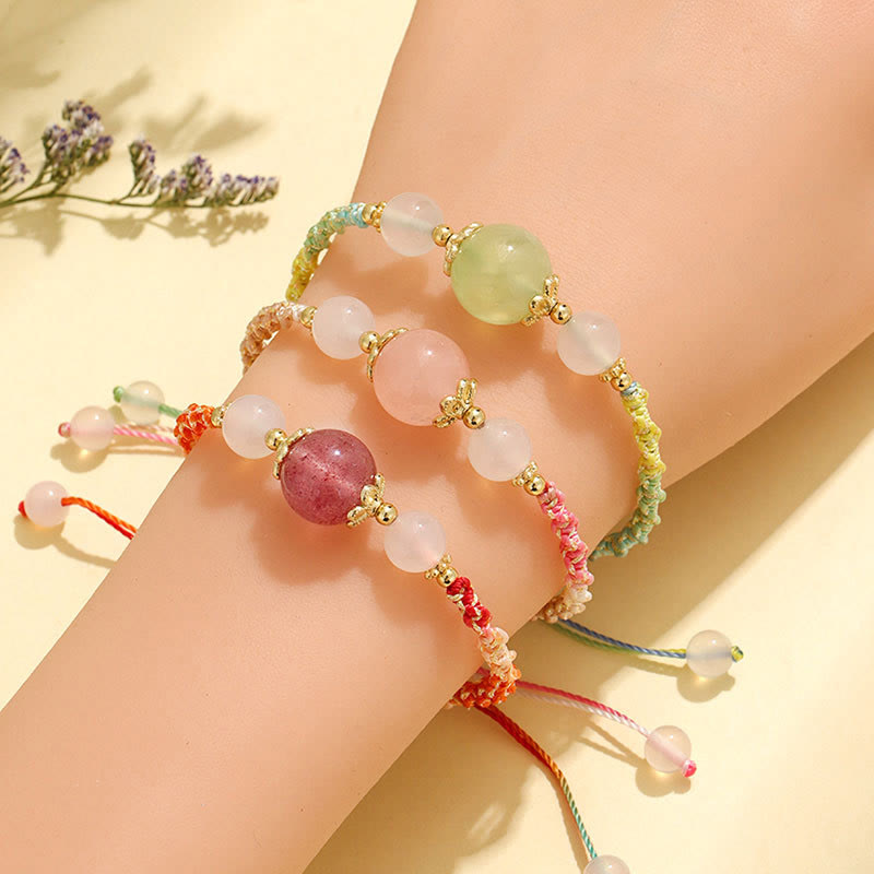 Fortune Jewel Strawberry Quartz Pink Crystal Prehnite White Agate Bead Healing Rope Bracelet