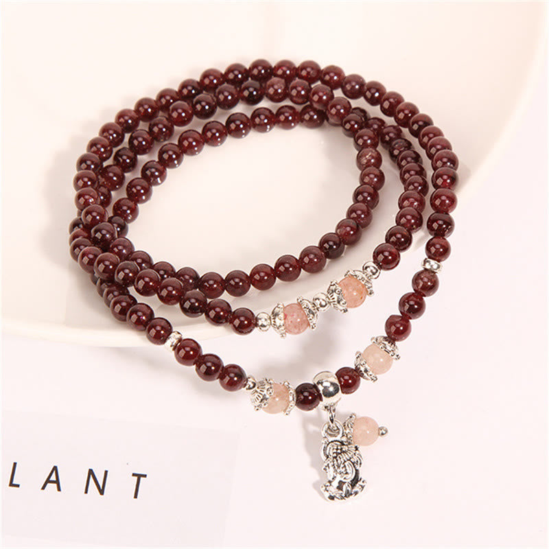 Fortune Jewel Natural Garnet Strawberry Quartz Green Beans PiXiu Protection Triple Wrap Bracelet