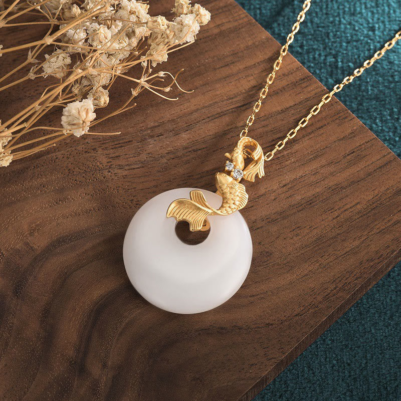 Fortune Jewel White Jade Koi Fish Wealth Prosperity Necklace Pendant