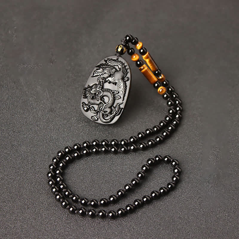 Fortune Jewel Black Obsidian Tiger Eye Dragon Phoenix Protection Beaded Necklace Pendant