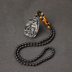 Fortune Jewel Black Obsidian Tiger Eye Dragon Phoenix Protection Beaded Necklace Pendant