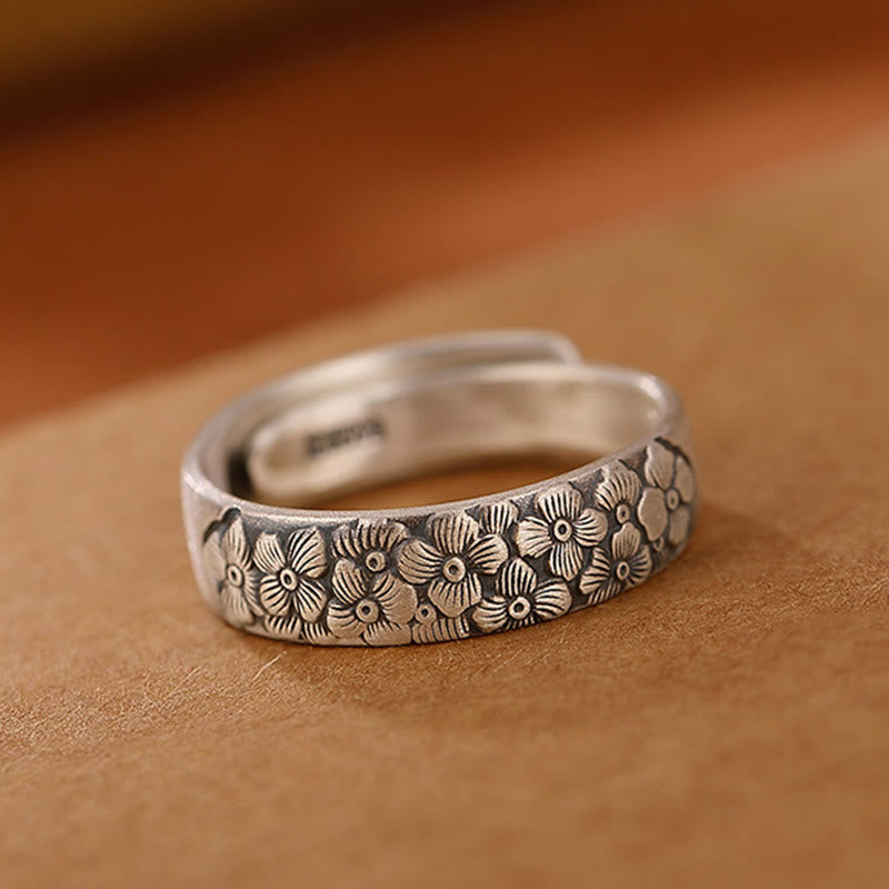 Fortune Jewel 999 Sterling Silver Lotus Flower Plum Blossom Auspicious Clouds Engraved Enlightenment Ring Fortune Jewel