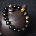 Fortune Jewel Chinese Zodiac Natal Buddha Gold Sheen Obsidian Wealth Protection Bracelet