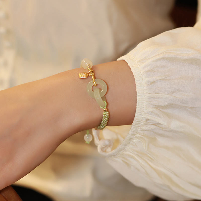 Fortune Jewel Natural Hetian Jade Bead Double Peace Buckle Fu Character Abundance Braided Bracelet