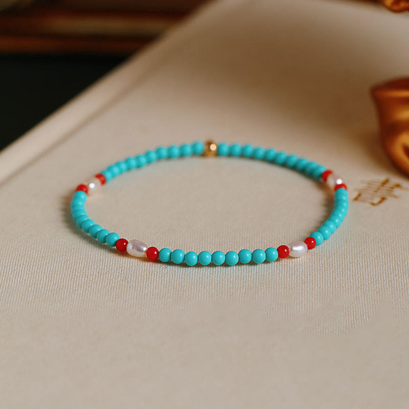 Fortune Jewel Turquoise Red Agate Pearl Small Beaded Protection Bracelet