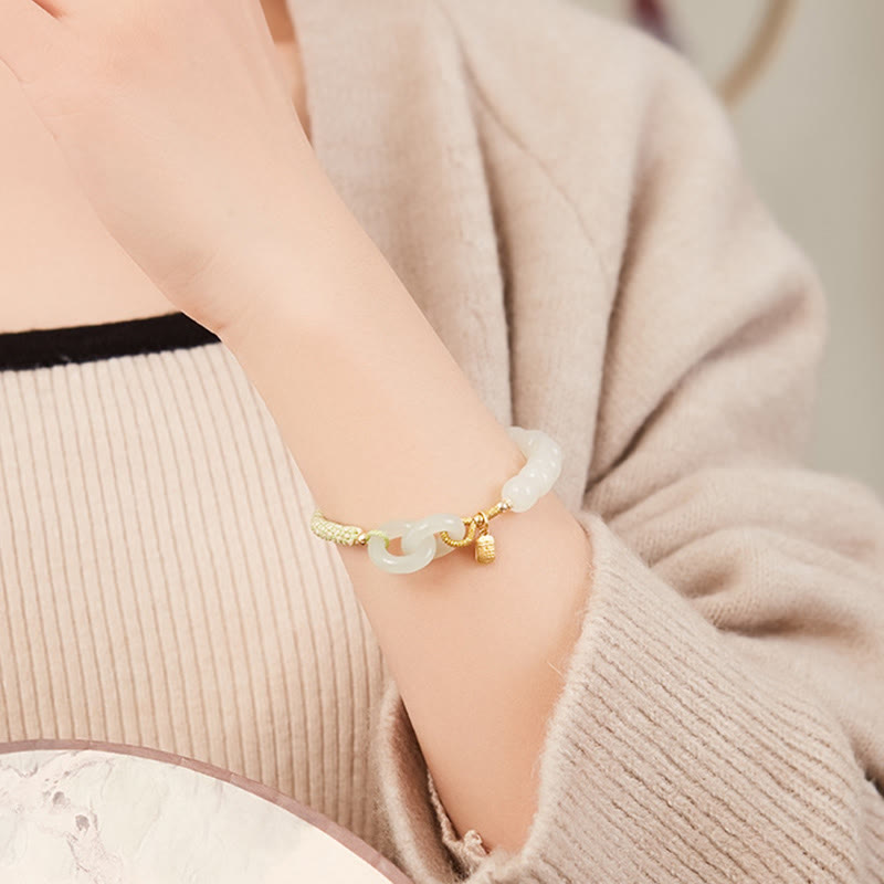 Fortune Jewel Natural Hetian Jade Bead Double Peace Buckle Fu Character Abundance Braided Bracelet