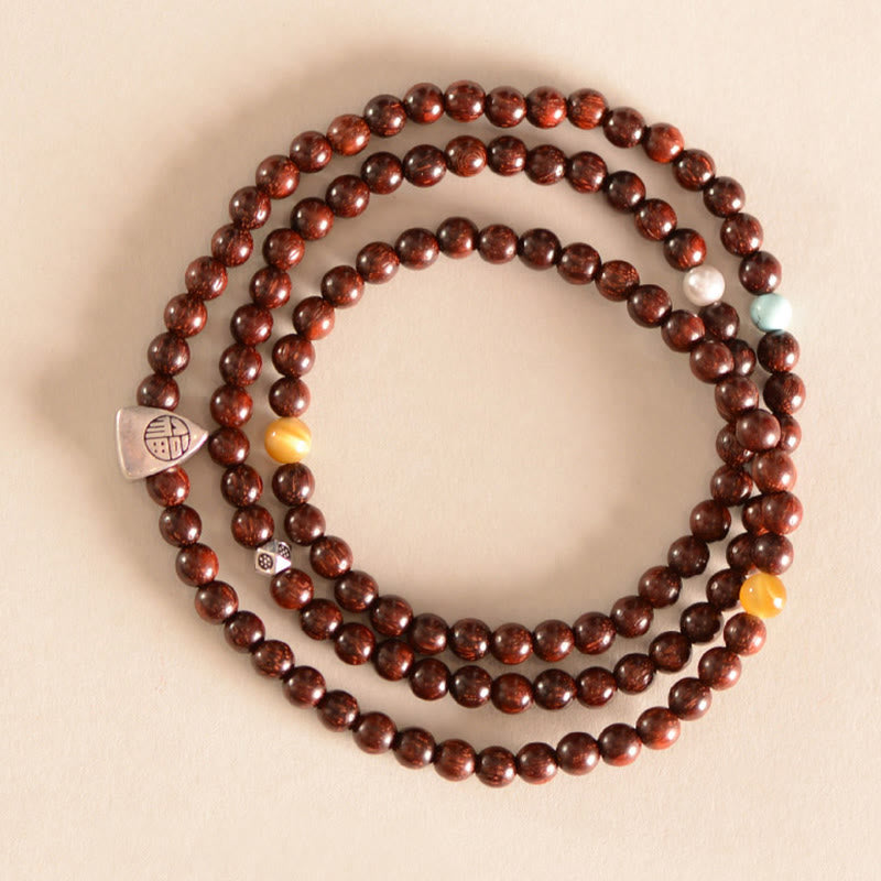 Fortune Jewel 925 Sterling Silver Indian Small Leaf Red Sandalwood Fu Character Protection Triple Wrap Bracelet
