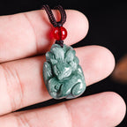 Fortune Jewel Natural Green Jade Nine Tailed Fox Engraved Prosperity Necklace Pendant