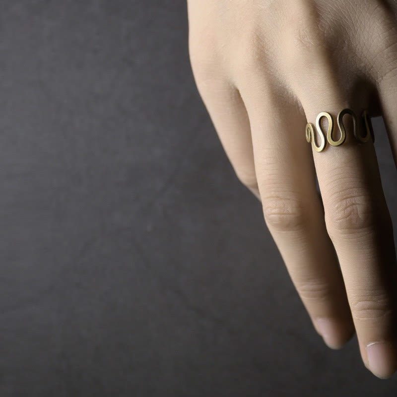 Fortune Jewel Simple Curved Brass Design Copper Luck Wealth Adjustable Ring
