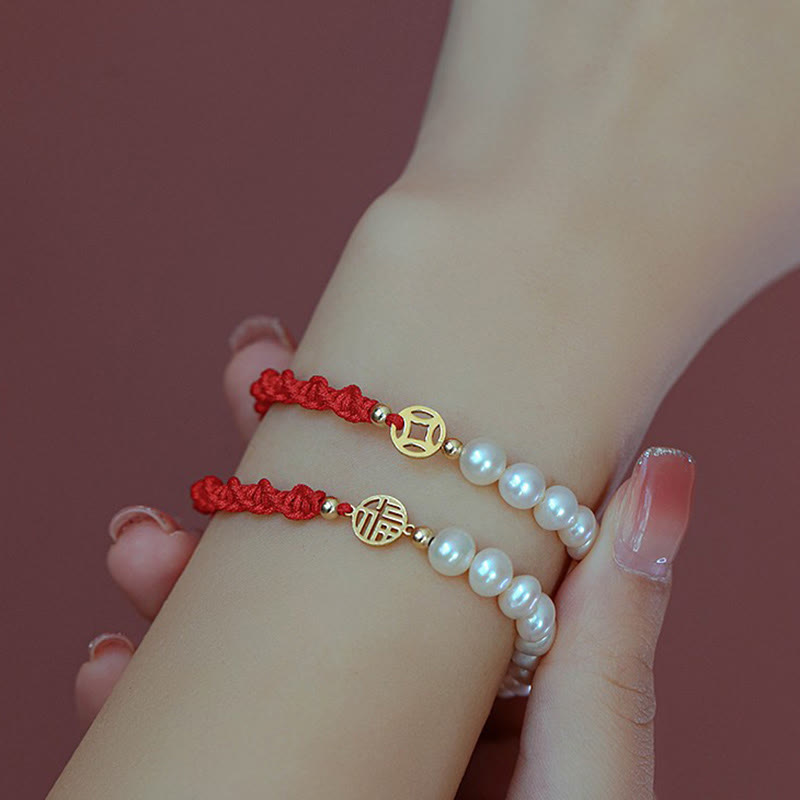 Fortune Jewel 14K Gold Plated Pearl Bead Luck Protection Braid Red String Bracelet