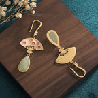 Fortune Jewel Natural Green Aventurine Fan Pattern Luck Drop Earrings