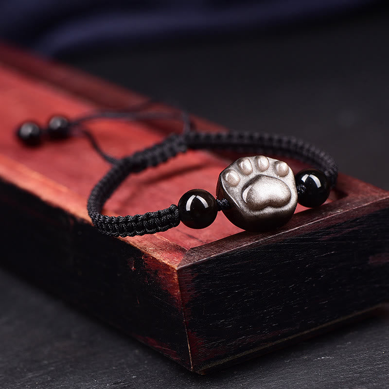 Fortune Jewel Natural Silver Sheen Obsidian Gold Sheen Obsidian Cute Cat Paw Claw Protection Rope Bracelet