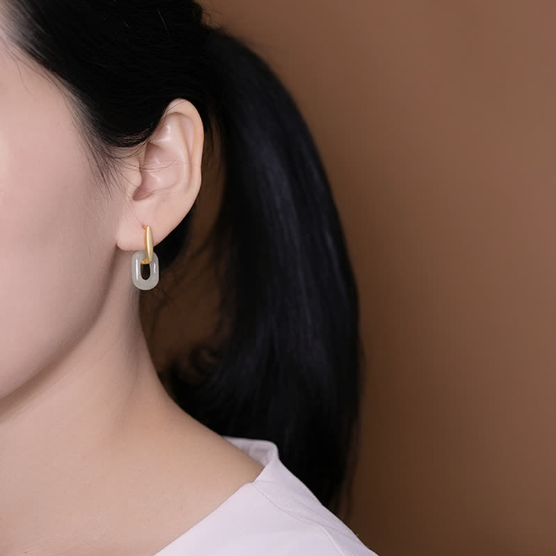 Fortune Jewel 925 Sterling Silver Round White Jade Happiness Blessing Earrings