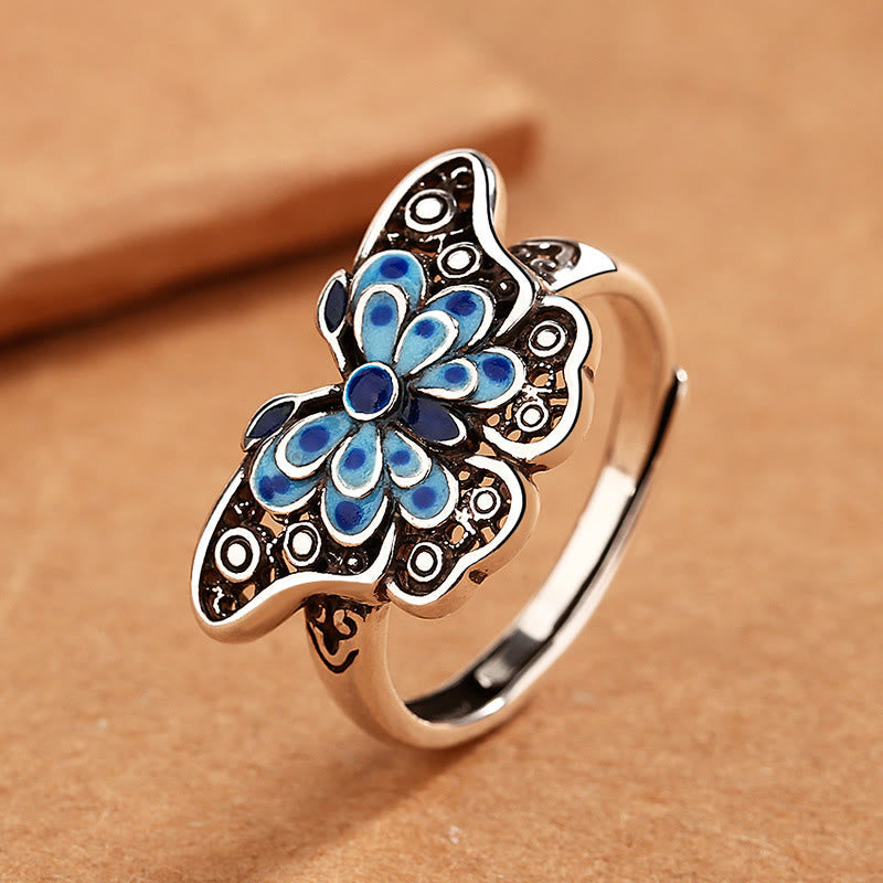 Fortune Jewel Hollow Enamel Blue Butterfly Pattern Love Ring